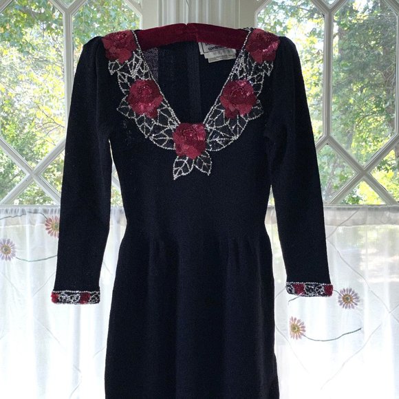 Vintage Don Sayres Black Wool Knit Dress with Sequins Neckline - Holiday Dress - Picture 7 of 9